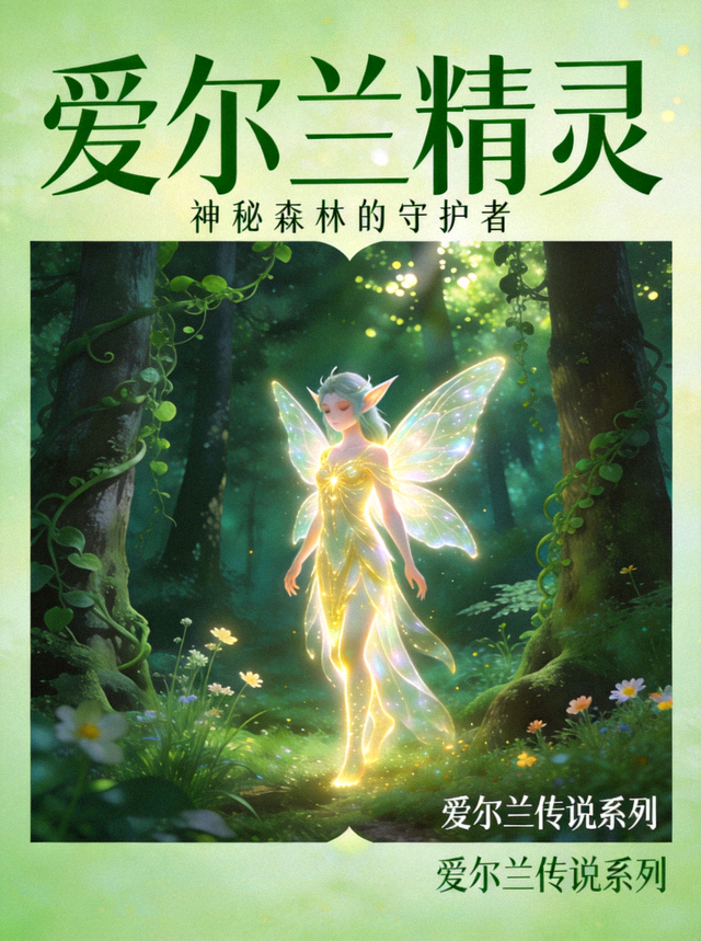 爱尔兰精灵专题海报，绿色森林与发光精灵角色