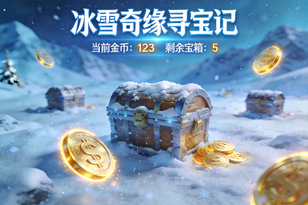 冰雪奇缘寻宝记游戏界面，雪原宝箱与发光金币散落场景