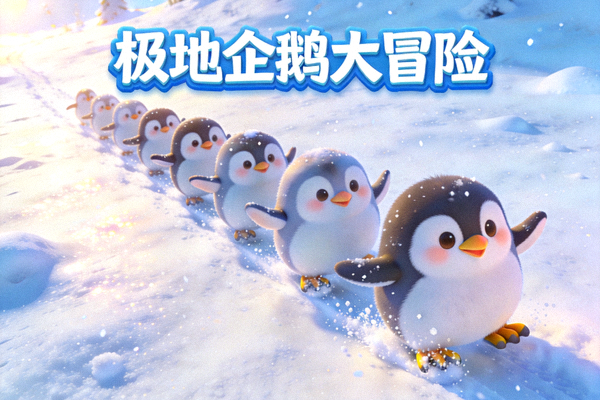 极地企鹅大冒险游戏预览，雪原上排队滑行的卡通企鹅角色
