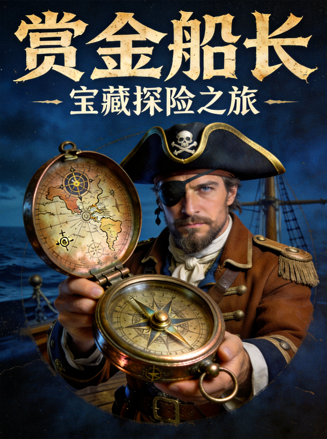 赏金船长专题海报，航海主题船长形象与藏宝罗盘