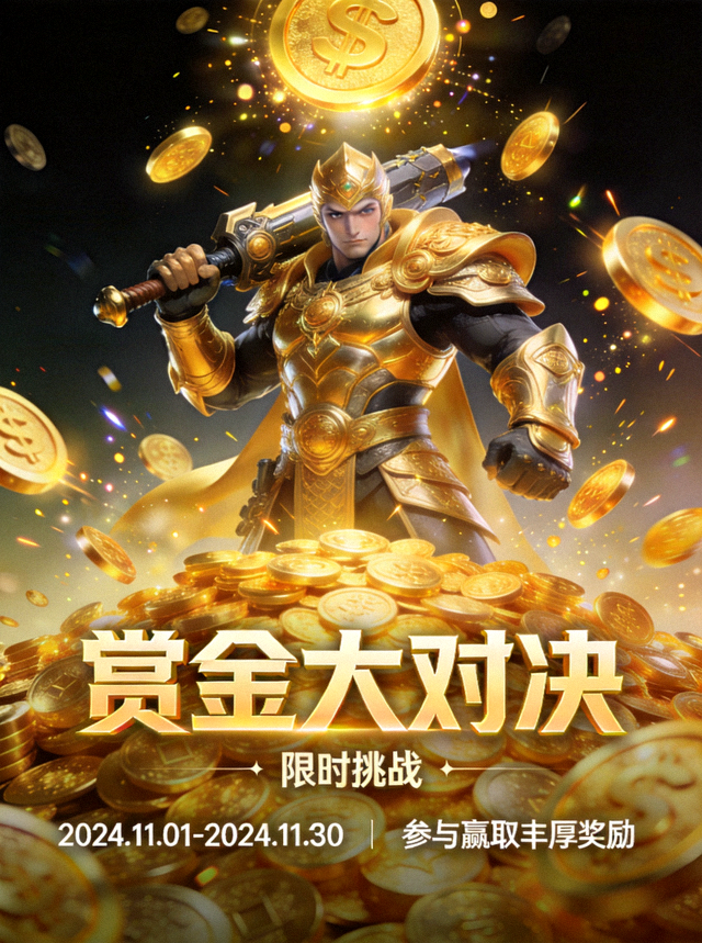 赏金大对决专题海报，金色赏金猎人形象与闪耀金币特效