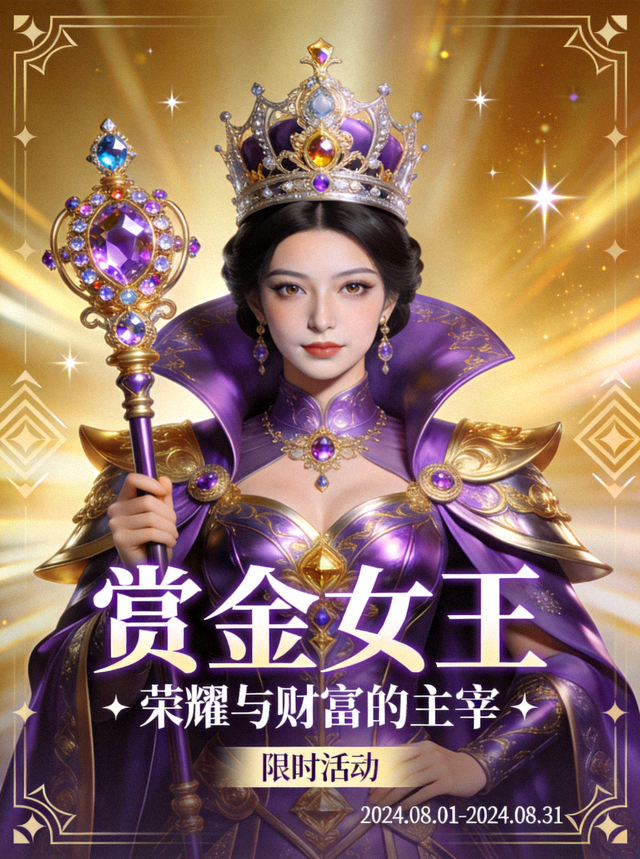 赏金女王专题海报，华丽王冠与紫金配色女王形象