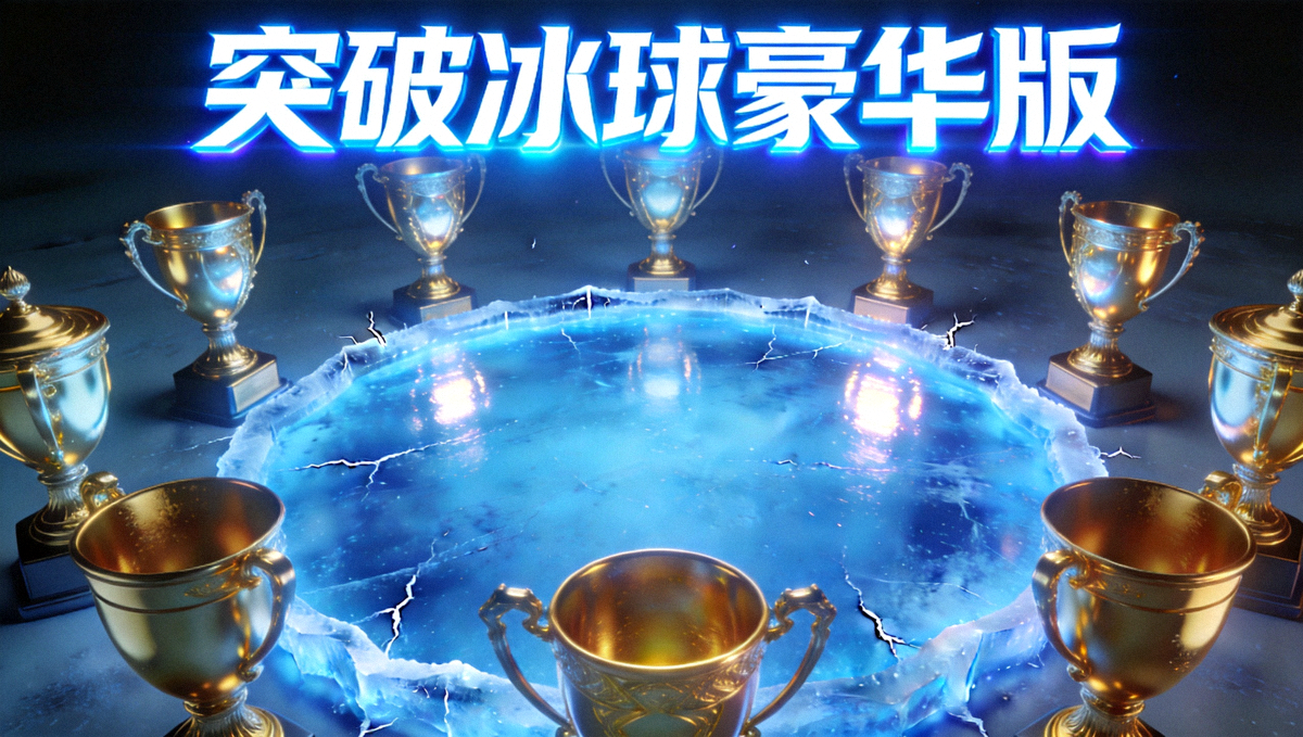 突破冰球豪华版3D冰上竞技主视觉，霓虹蓝色冰面与金色奖杯环绕